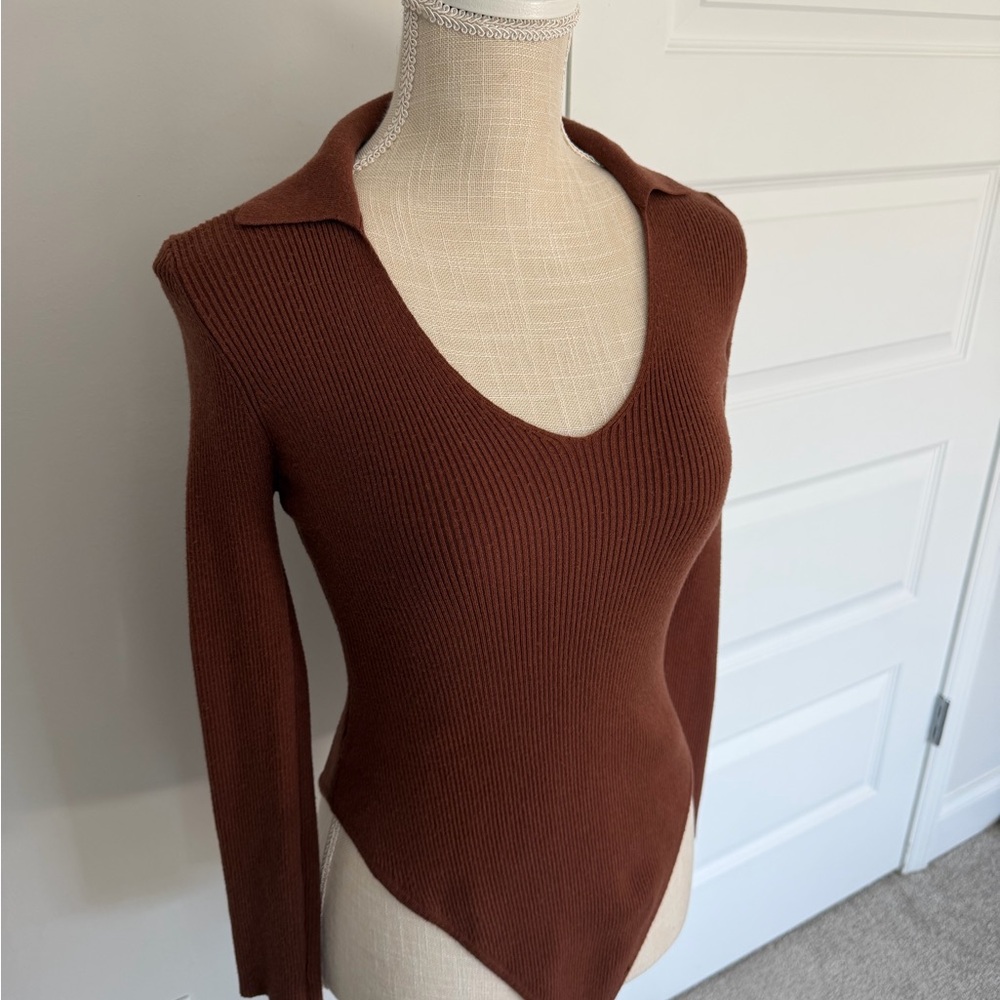 Love Tree Brown Ribbed V-Neck Collared Sweater